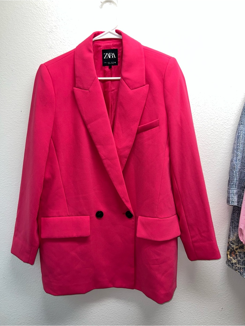Zara fuchsia pink double-breasted blazer.